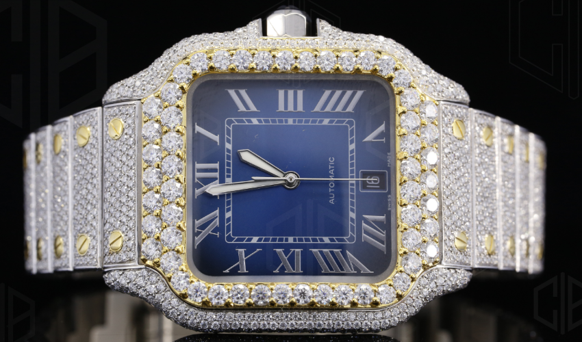 Blue Dial Automatic Moissanite Iced Out Bust Down Watch