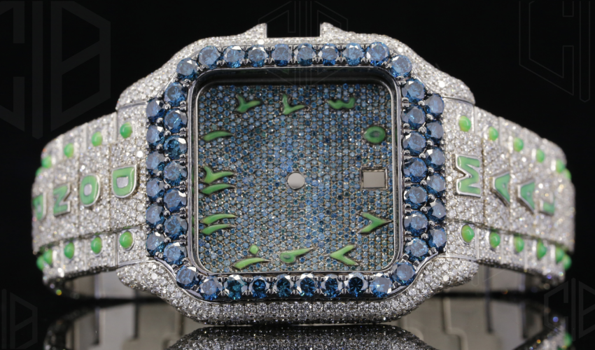 customize blue and white moissanite Diamond Iced Out Watch